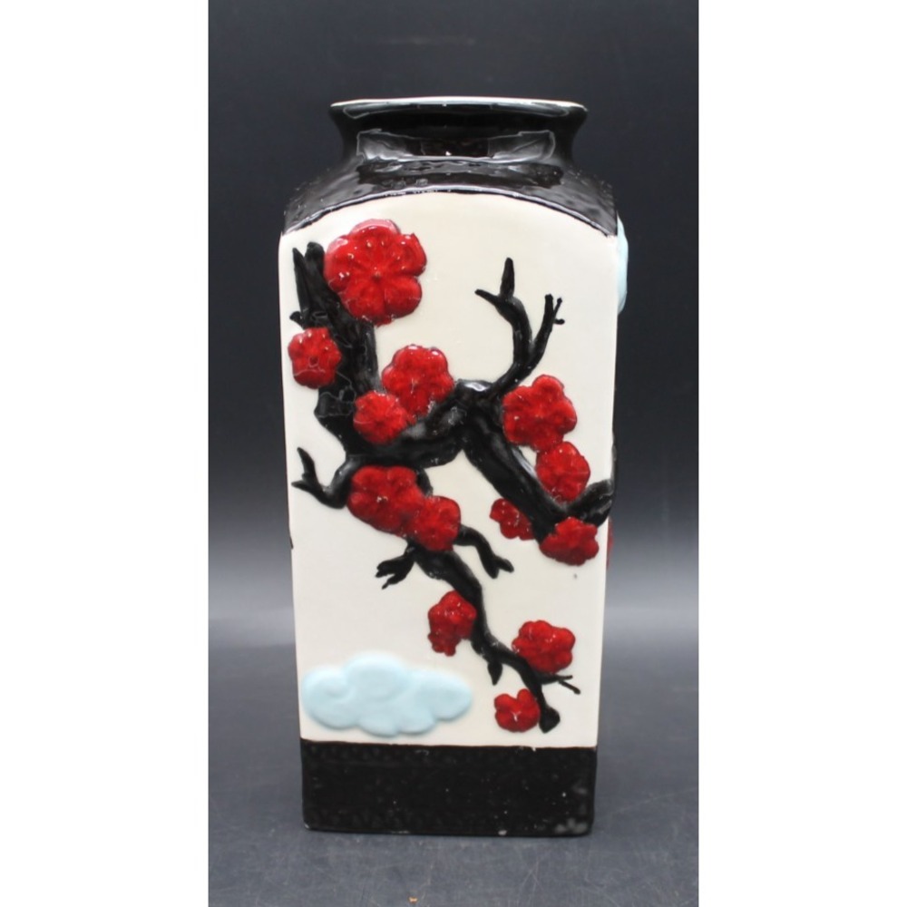 Vintage 1993 Signed Studio Art Pottery Vase Raised Red Flowers Asian Style 8"